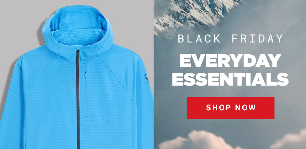 snowy mountain scenery on the right, Black Friday "Everyday Essentaisl" with Shop Now button. A blue performance fleece is on the left.