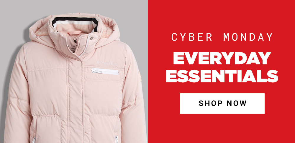 Photo of Girl's puffer jacket.  Message: Cyber Monday. Everyday Essentials. Shop Now.