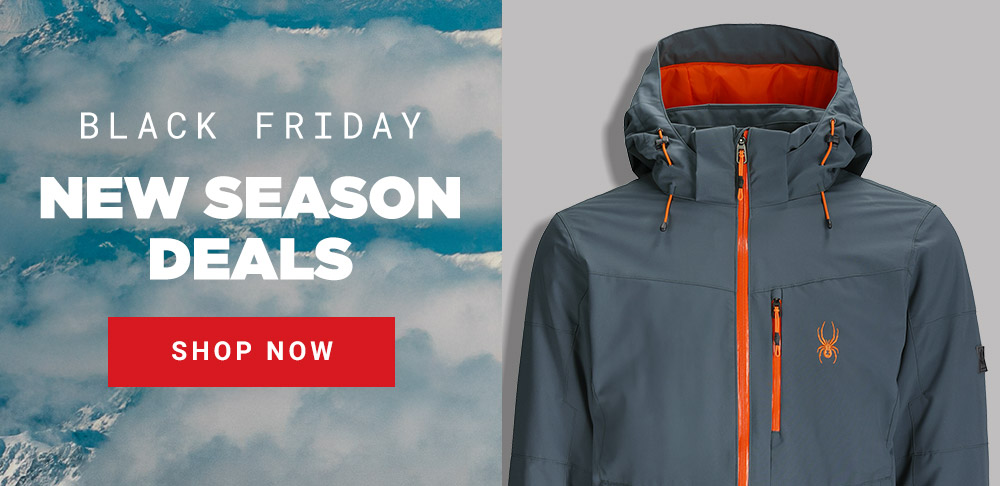 snowy mountain scenery on the right, Black Friday "New Season Deals" with Shop Now button. A slate blue and orange ski jacket is on the left.