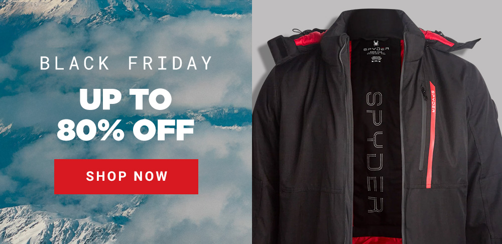 snowy mountain scenery on the left, Black Friday "Up to 80% Off" with Shop Now button. A black jacket is on the right.