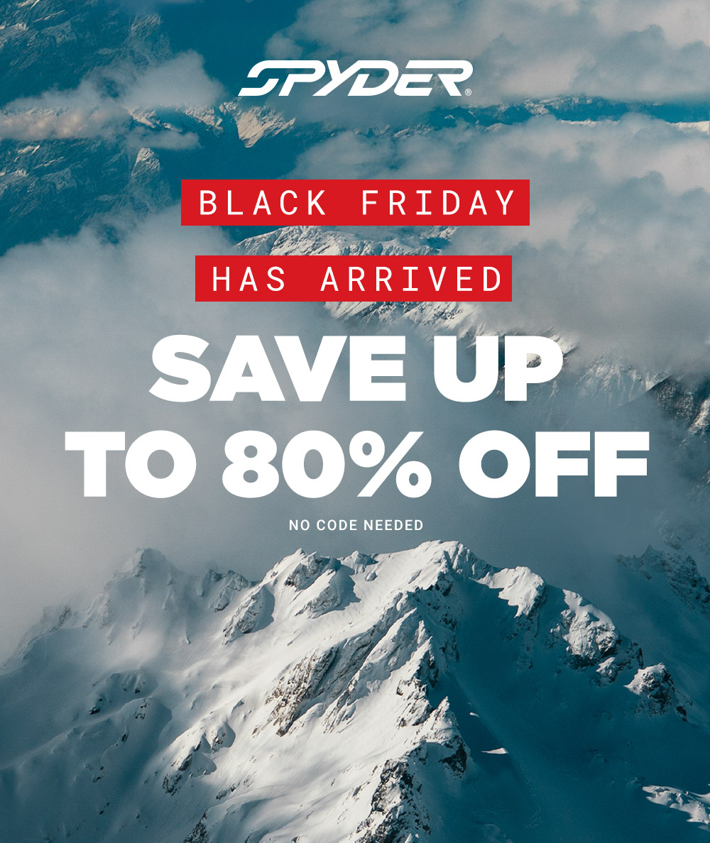 Aerial view of snowy mountains with clouds. Bold text reads "Black Friday Has Arrived, Save Up to 80% Off, No Code Needed." Spyder logo at the top.