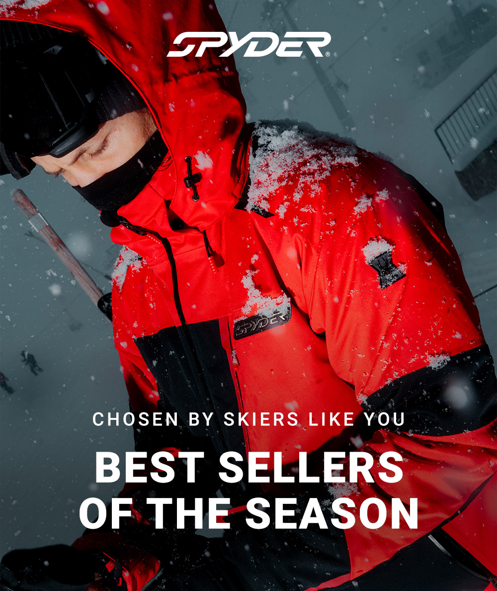 A skier in a bright red jacket, covered in snow. Spyder logo. Message: Chosen by skiers like you. Best Sellers of the Season.