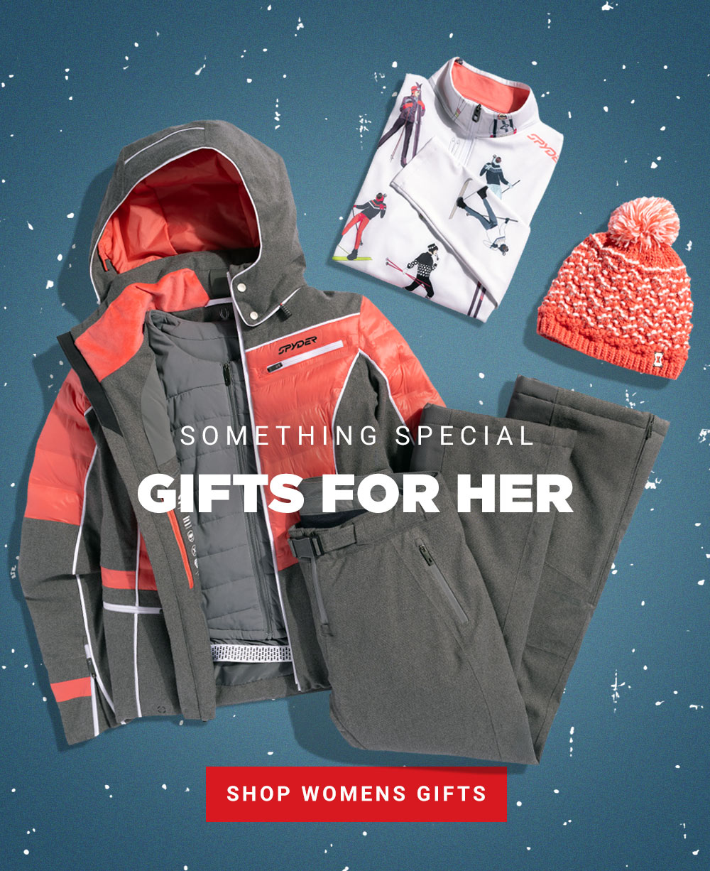 Grouping of Women's Ski Jacket, vest, midlayer, pants and beanie.  Message: Something Special. Gifts for Her. Shop Womens Gifts.