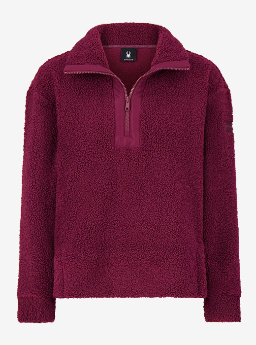 Fuzzy maroon pullover with a half-zip collar and long sleeves, ideal for warmth and comfort.