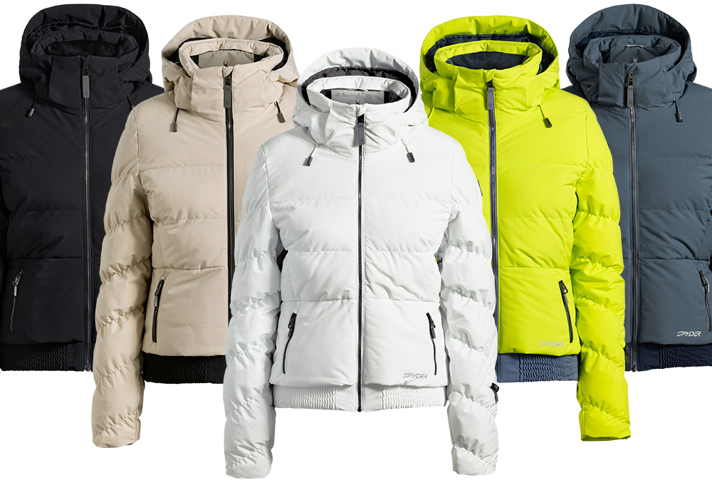 Five hooded Haven ski jackets displayed side by side in black, sanddune, white, lime, and slate blue colors.
