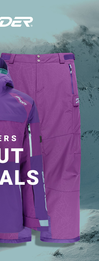 mage of a purple ski jacket and purple ski pants against a teal winter landscape.Peak Performers. Standout Esstentials