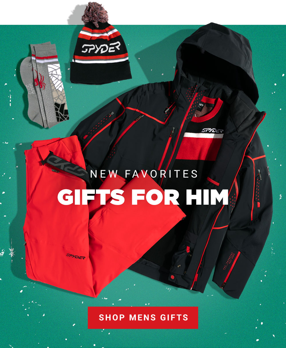 Grouping of Men's black and red Ski Jacket, sweater, pants, socks and beanie.  Message: New Favorites. Gifts for Him. Shop Mens Gifts.