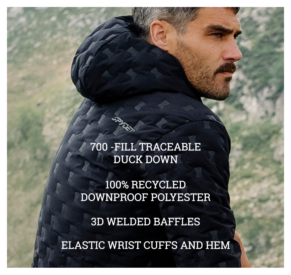 700-Fill Traceable Duck Down. 100% Recycled Downproof Polyester. 3D Welded Baffles Elastic Wrist Cuffs and Hem.