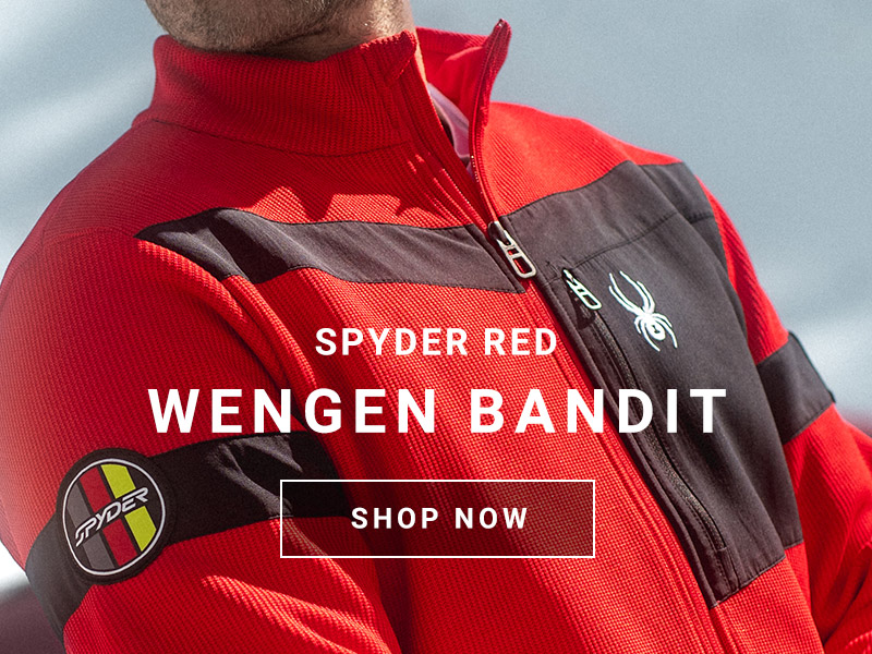 Tight close-up of sweater detail with Spyder patch on the right arm and logo on left chest - Spyder Red Wengen Bandit - Shop Now