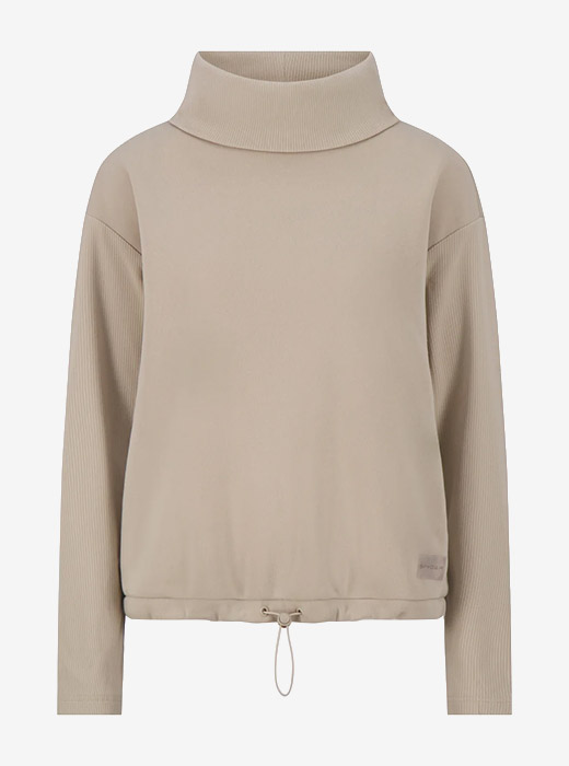 Beige turtleneck pullover with a relaxed fit and drawstring hem, featuring ribbed sleeve texture for added style.