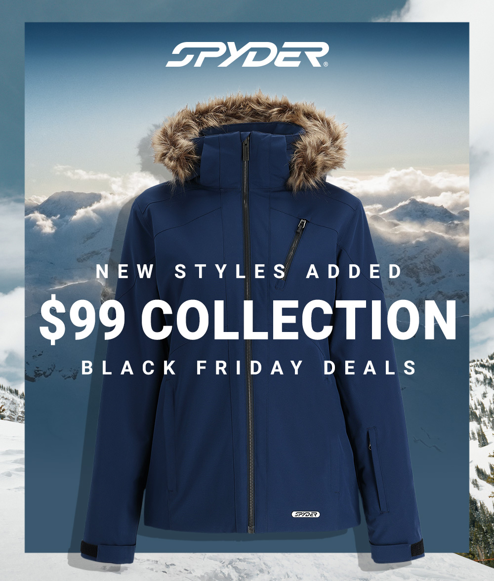 Spyder logo. Navy women's ski jacket with faux fur trim set against a snow mountain background.  Message: $99 Collection. Black Friday Deals.