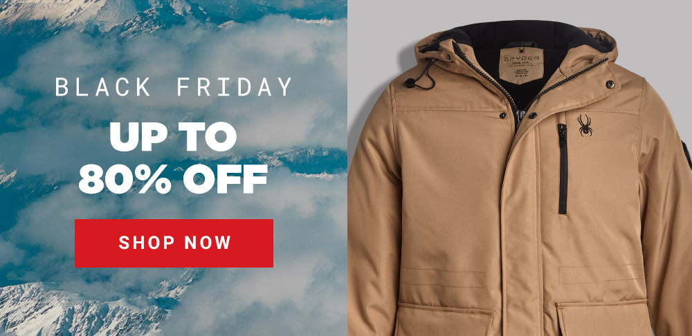 snowy mountain scenery on the left, Black Friday "Up to 80% Off" with Shop Now button. A tan parka is on the right.