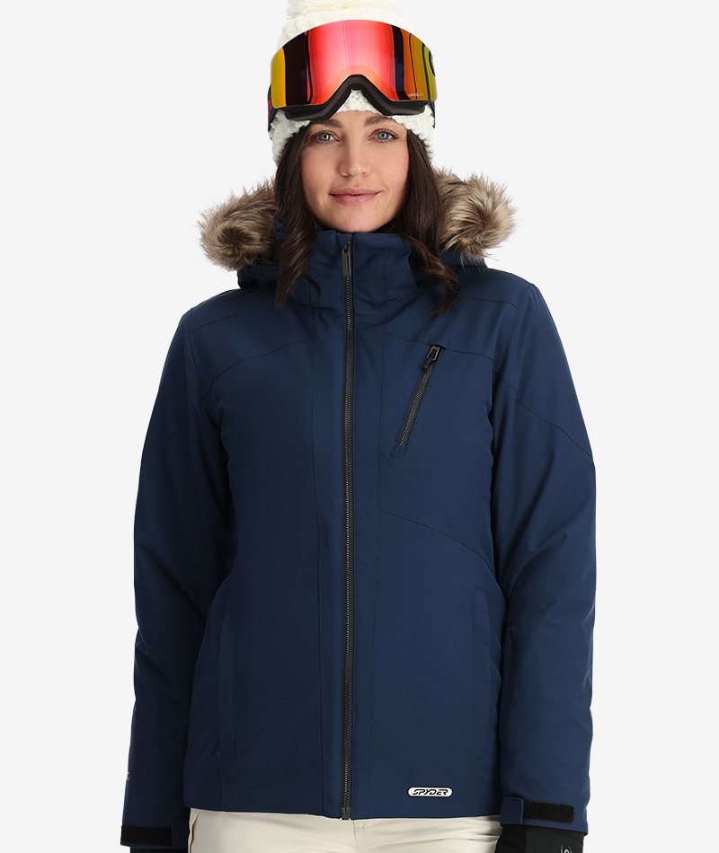 Women's white ski jacket with faux fur trim on hodd