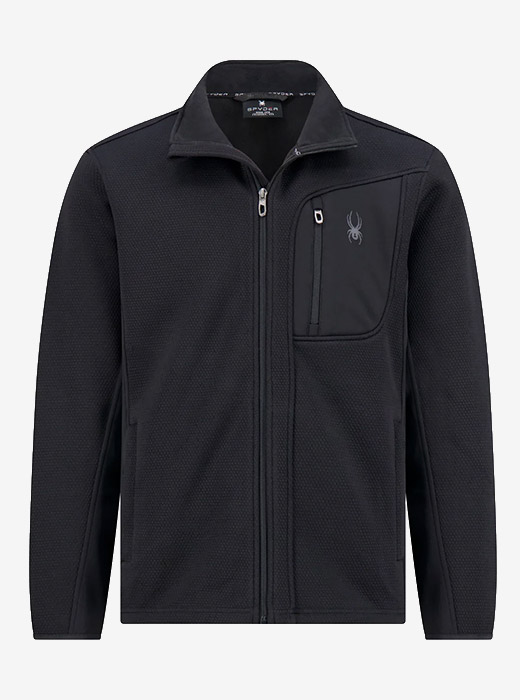 Black zip-up jacket with a textured fabric, featuring a chest pocket and a subtle Spyder logo on the left side.