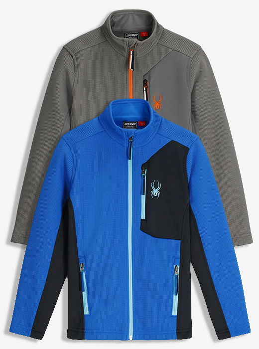 Two jackets are displayed: a front blue jacket with black accents and a spider logo on the chest, and a back gray jacket with an orange zipper.