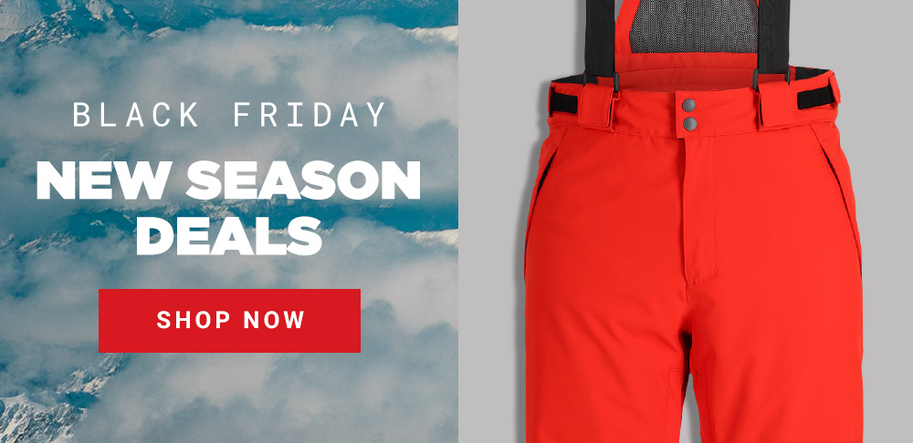 snowy mountain scenery on the right, Black Friday "New Season Deals" with Shop Now button. A red ski pant is on the left.