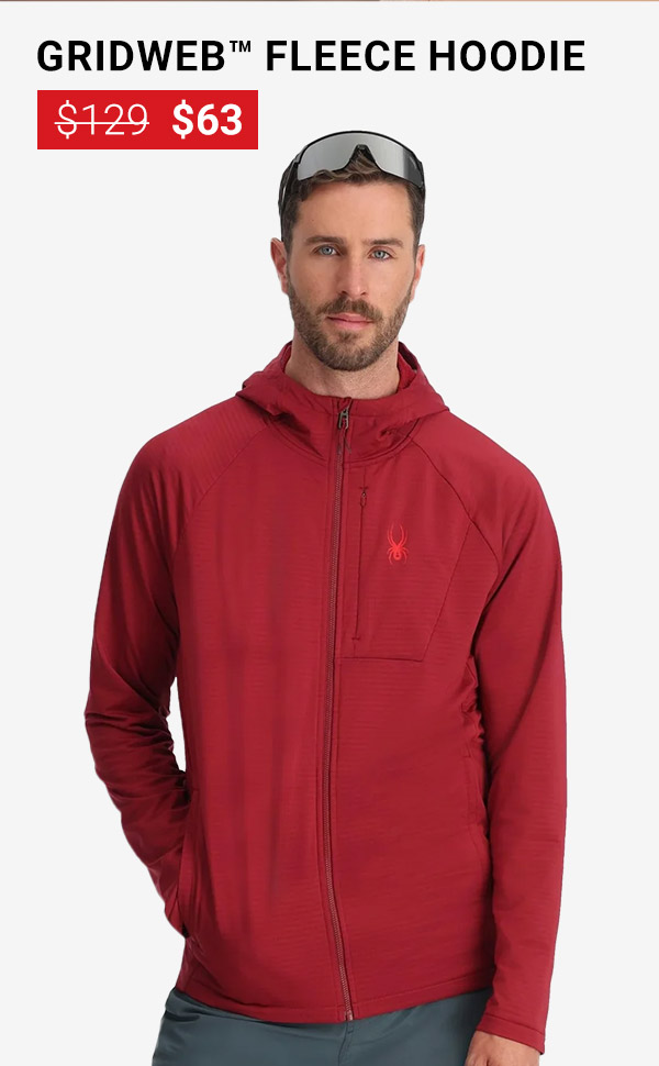 Man wearing red performance fleece in studio - Gridweb Fleece Hoodie was $129, now $63