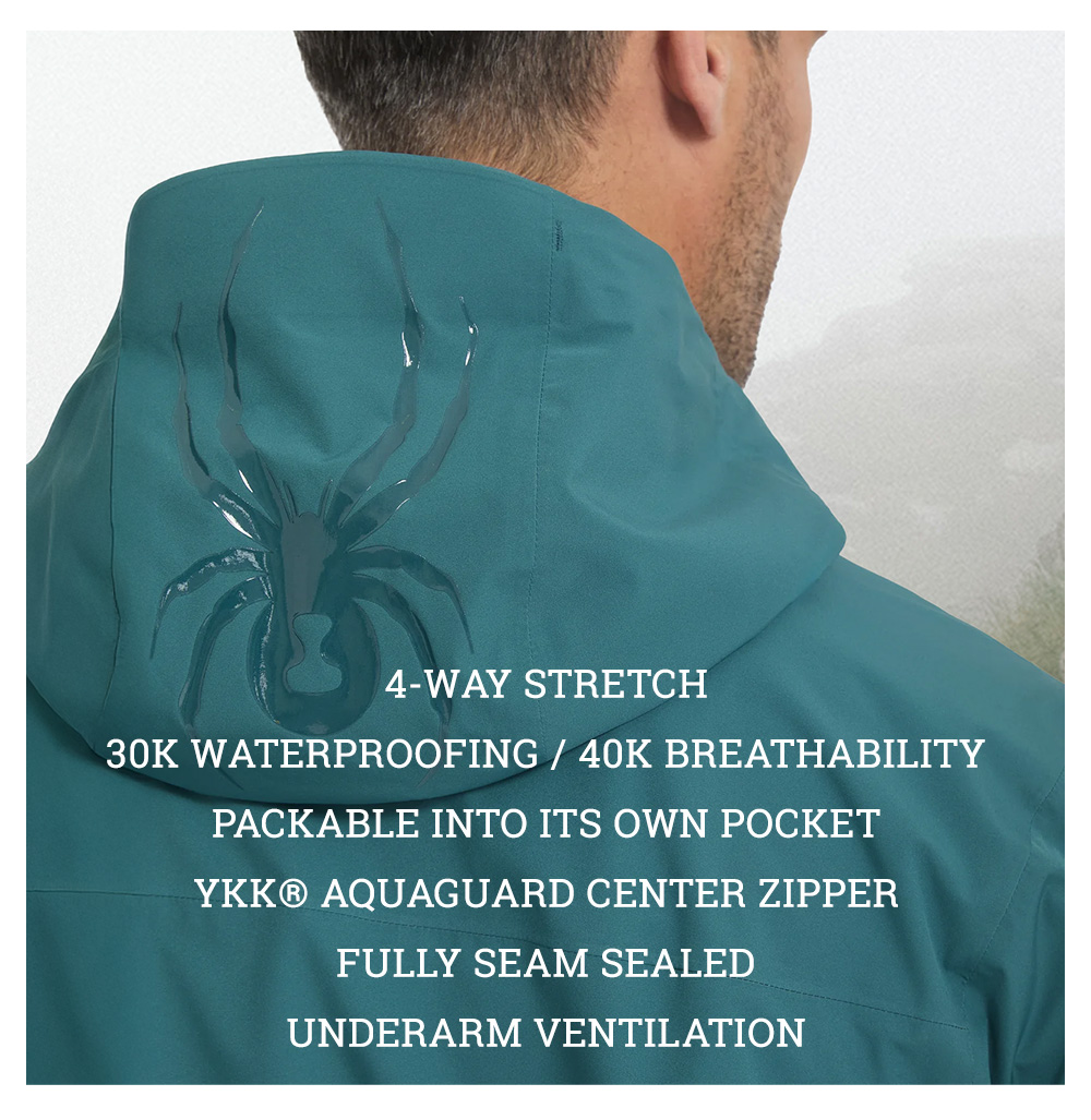 4-WAY STRETCH. 30K WATERPROOFING / 40K BREATHABILITY. PACKABLE INTO ITS OWN POCKET. YKK® AQUAGUARD CENTER ZIPPER. FULLY SEAM SEALED. UNDERARM VENTILATION.