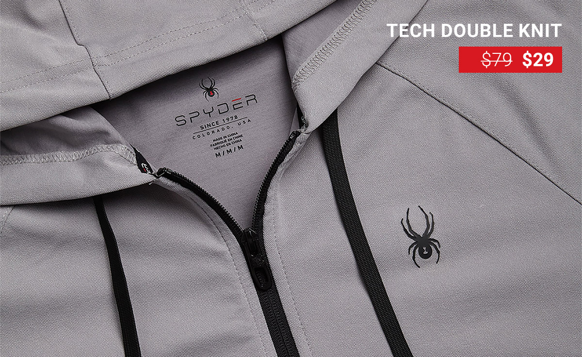 Close up detail shot of a grey hoodie. Tech Double Knit was $79, now $29