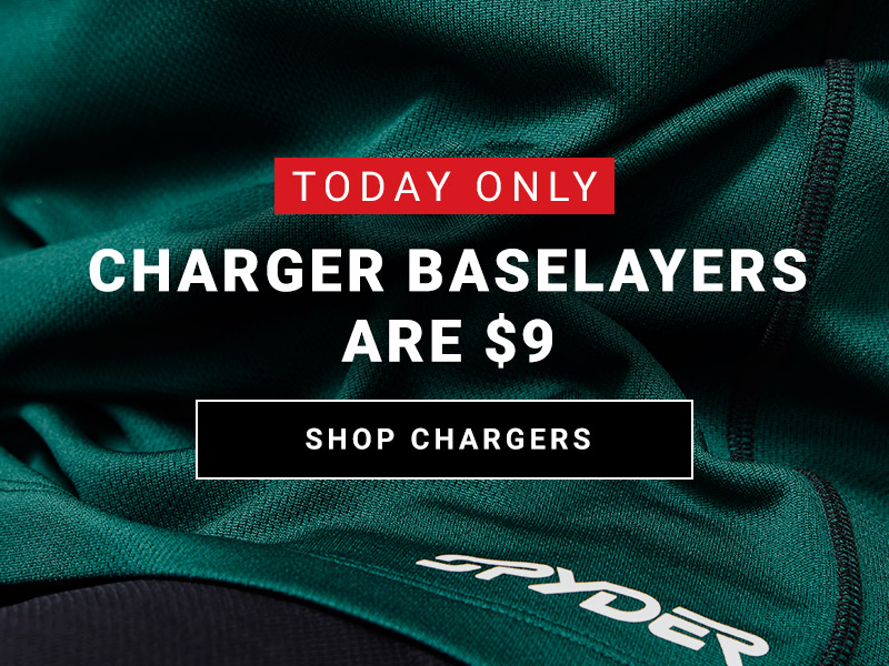 Detail of baselayer fabric with Spyder logo. Message: Today Only Charger Baselayers are $9. Shop Chargers.