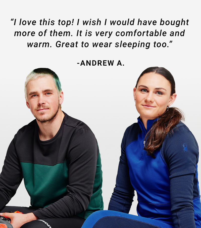 Two people in studio wearing baselayer tops and bottoms. Message: "I love this top! I wish I would have bought more of them. It is very comfortable and warm. Great to wear sleeping too." - Andrew A.
