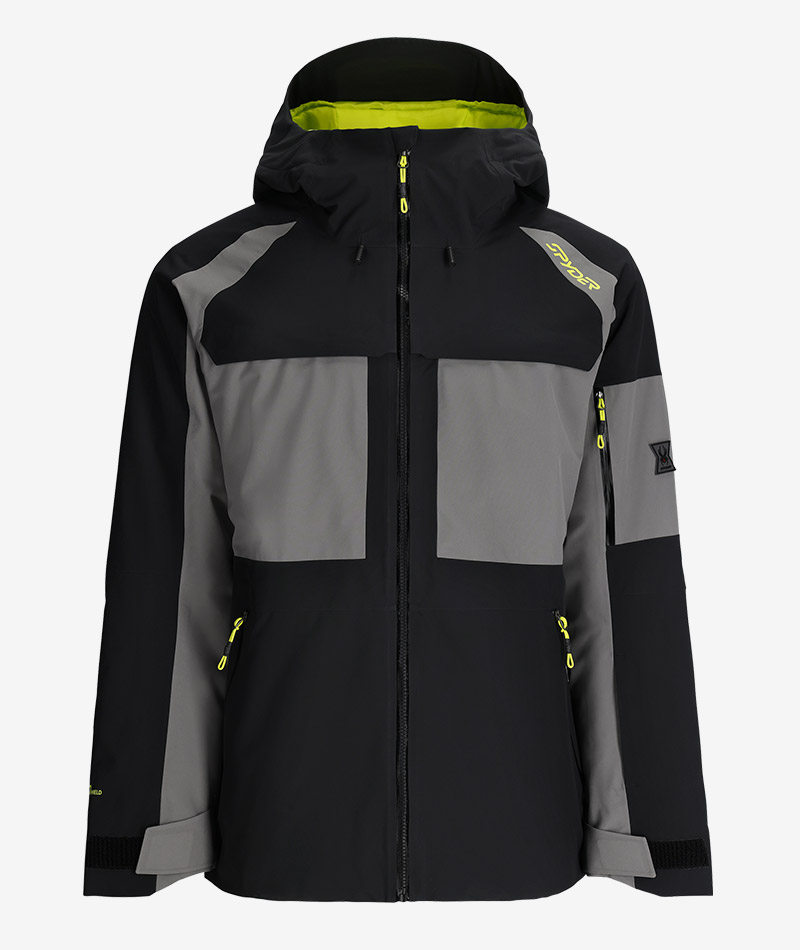 Men's Spyder ski jacket in black and grey with bright lime accents.