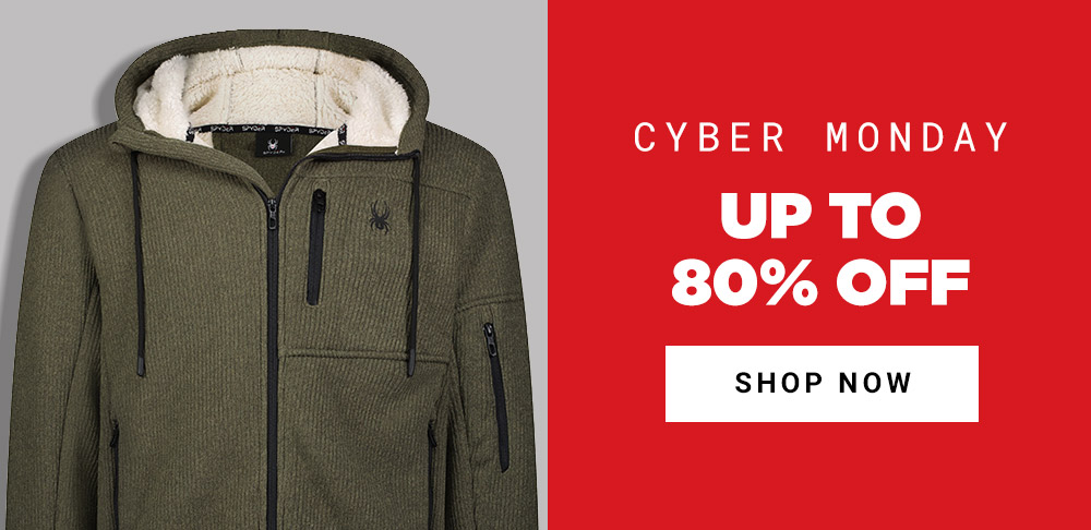 Photo of sherpa lined hoodie.  Message: Cyber Monday. Up to 80% Off. Shop Now.