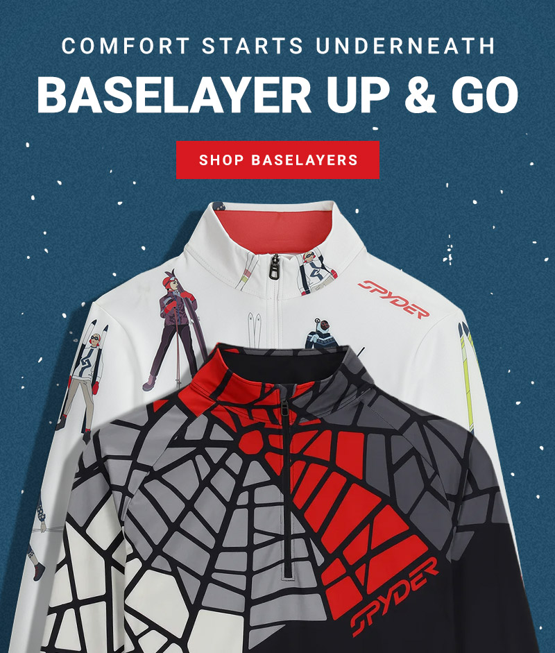Two stylish baselayer tops by Spyder, featuring vibrant designs on a snowy blue background. Message: Comfort starts underneath. Baselayers up & go. Shop Baselayers.
