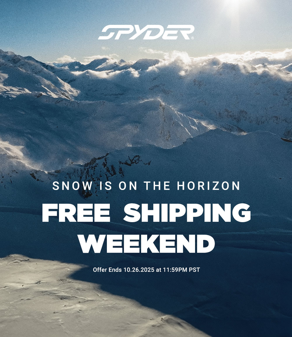 Spyder logo. Snow mountain landscape with sun shining and clouds. Message: Snow is on the horizon. Free Shipping Weekend. Offer Ends 10.26.2025 at 11:59pm PST.