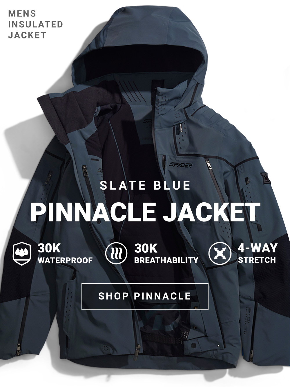 Men's Insulated Jacket. Slate Blue colorway. Pinnacle Jacket. 30K Waterproof. 30K Breathability. 4-Way Stretch. Shop Pinnacle.