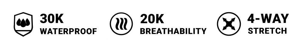 30K Waterproof, 20K Breathability, 4-Way Stretch