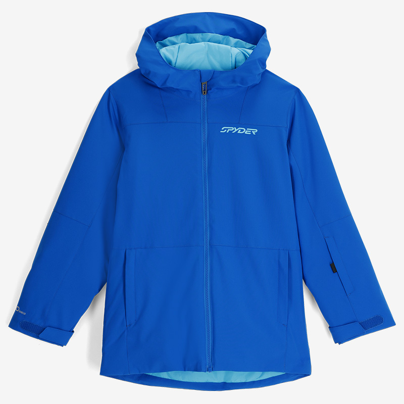 Flat lay photo of a boy's blue and turquoise ski jacket