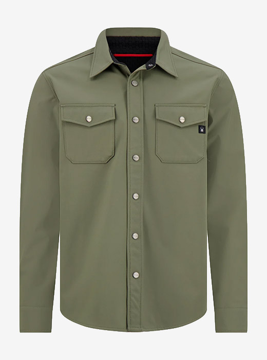 Olive green long-sleeve shirt featuring a button-up front, two chest pockets, and a contrasting collar.