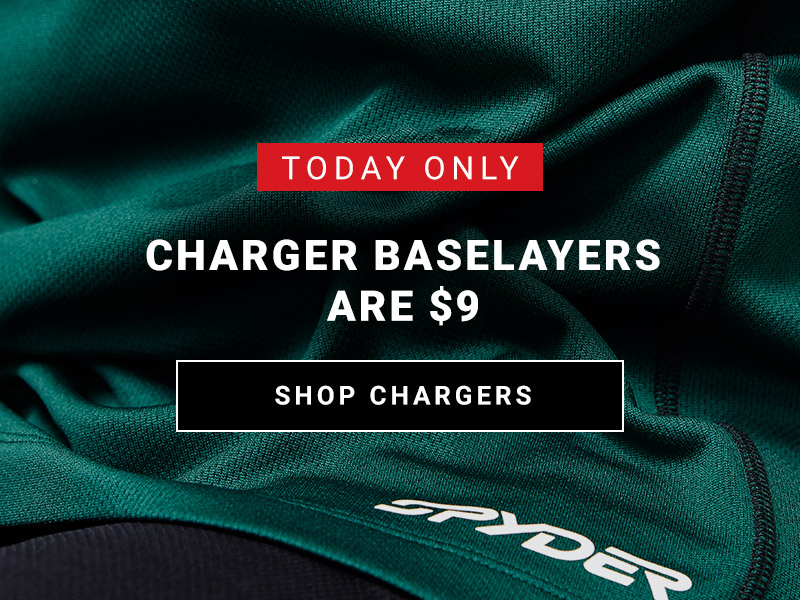 Detail of baselayer fabric with Spyder logo. Message: Today Only Charger Baselayers are $9. Shop Chargers.