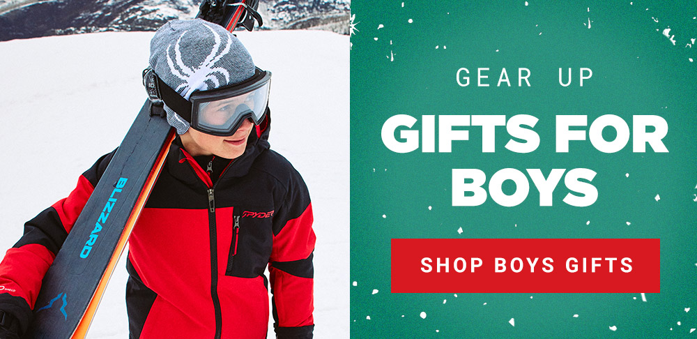 Photo of boy carrying skis on left.  White text on Green on right.  Message: Gear Up. Gifts for Boys. Shop Boys Gifts.