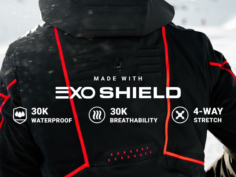 Detail back photo of technical red and black ski jacket. Message: Made with EXO Shield. 30K Waterproof, 30K Breathability, 4-Way Stretch.