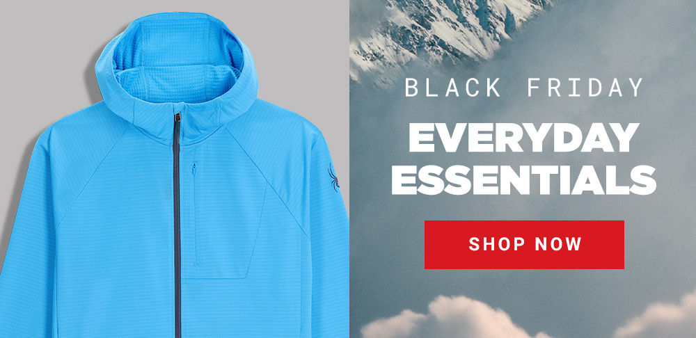 snowy mountain scenery on the right, Black Friday "Everyday Essentaisl" with Shop Now button. A blue performance fleece is on the left.