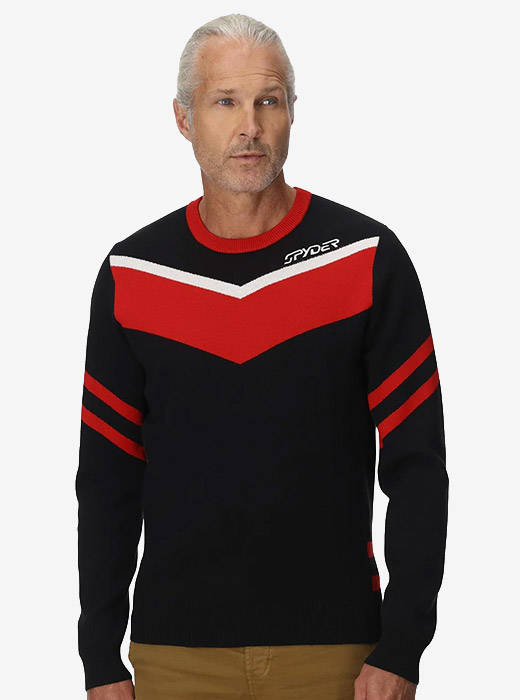 Man in a black and red Spyder sweater with white accents.