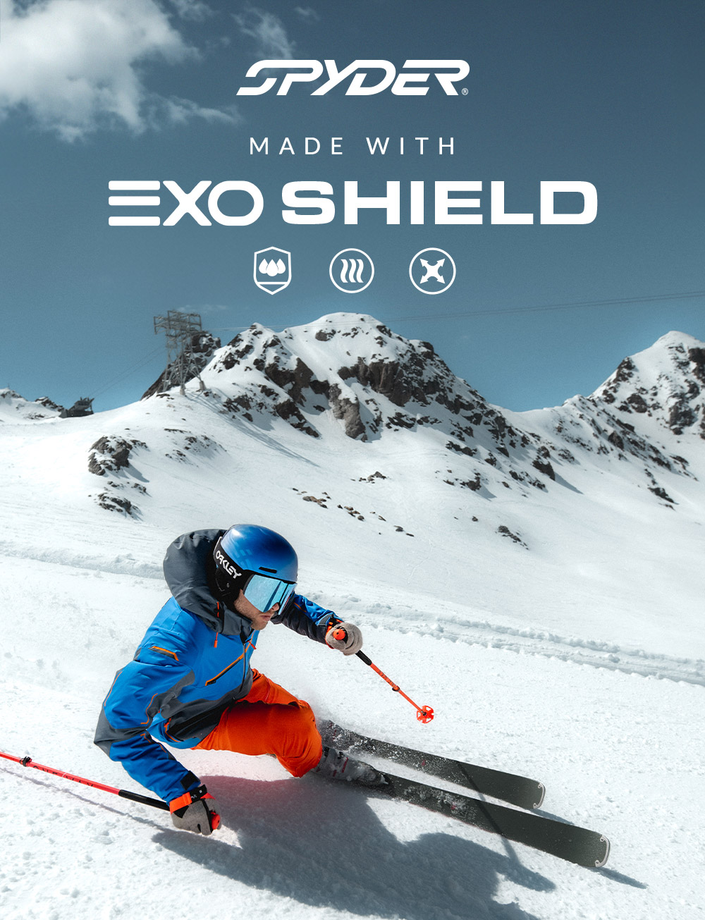 Spyder logo. Made with EXO Shield. waterproof icon. breathability icon. superior stretch icon.