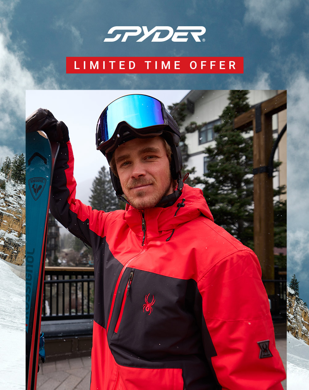 Skier in a red and black ski jacket holds skis, wearing mirrored goggles at a snowy resort. "Spyder" logo and "Limited Time Offer" text at the top.