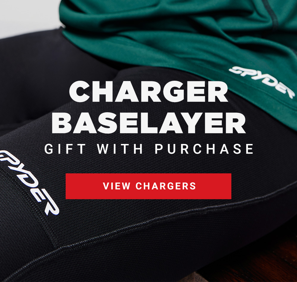 photo detail of baselayer top and bottoms. Message: Charger Baselayer Gift with Purchase. View Chargers.
