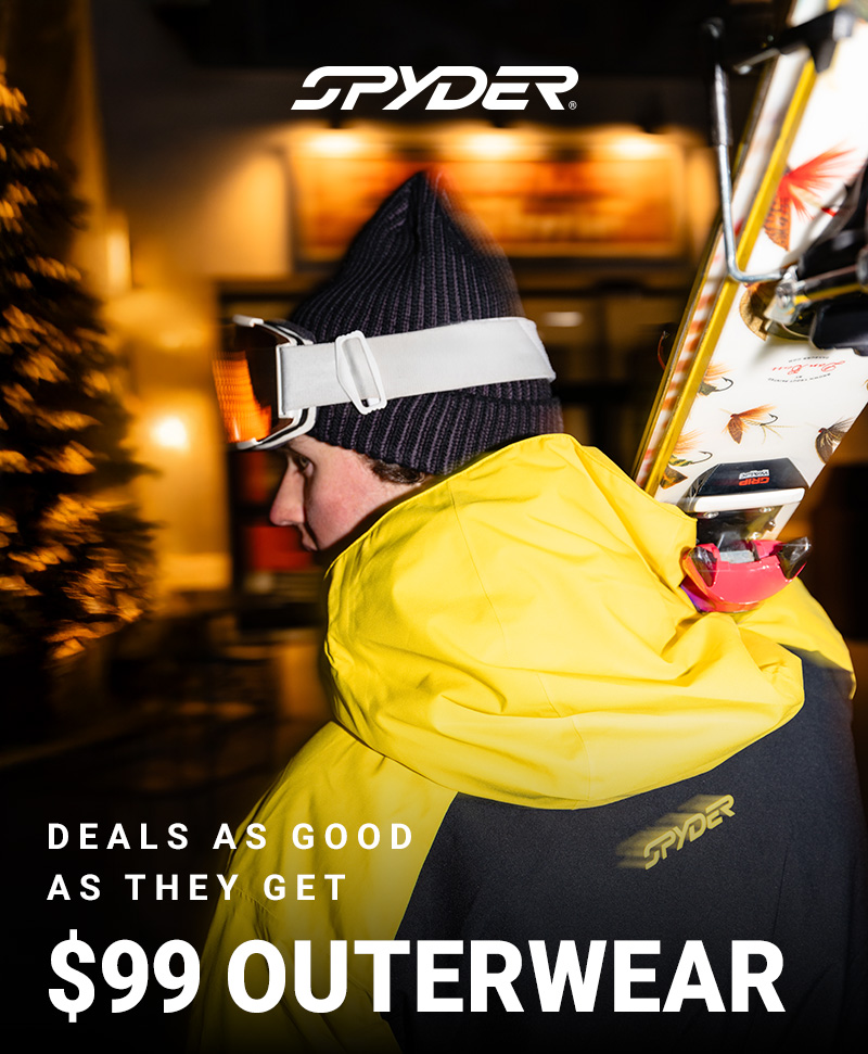 A person in a yellow Spyder jacket carries skis. Text reads "Deals as Good as they Get. $99 Outerwear."