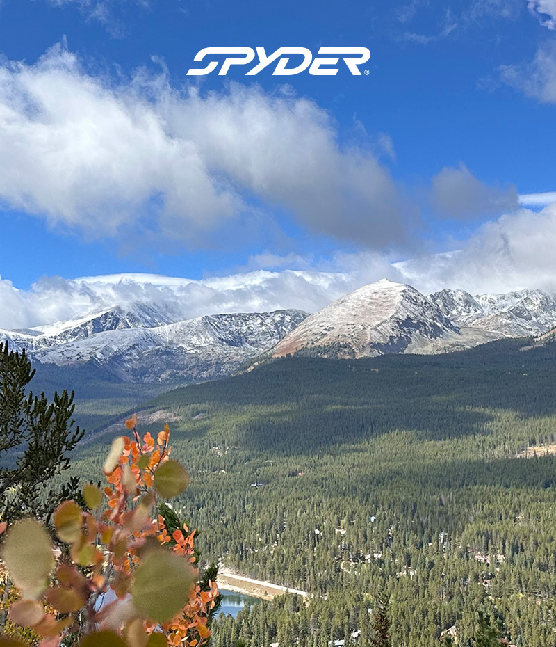 Fall and winter are here. Snowy mountain image with fall leaves