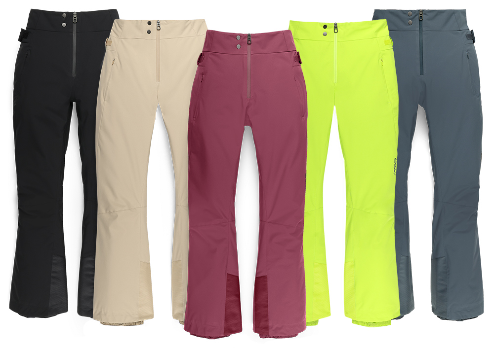 Row of Fuse pants in black, sanddune, acai, lime and slate blue.