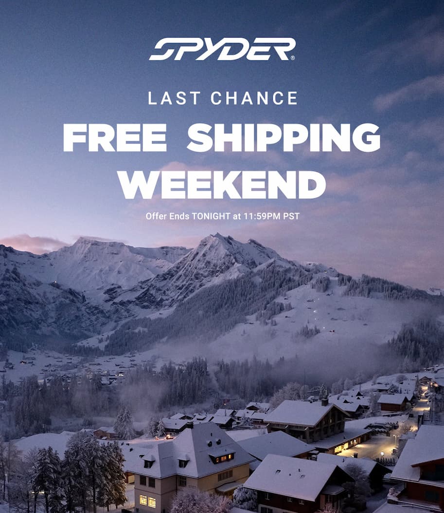 Spyder logo. Snow town under a mountain landscape in a purple hue. Message: Last Chance. Free Shipping Weekend. Offer Ends TONIGHT at 11:59pm PST.