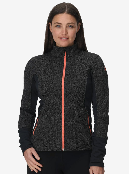 Woman wearing a heathered black full zip light jacket with pink zipper accent.