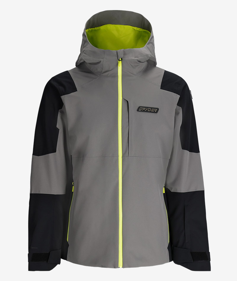 Men's Spyder ski jacket in gray with black sleeves and bright lime accents.