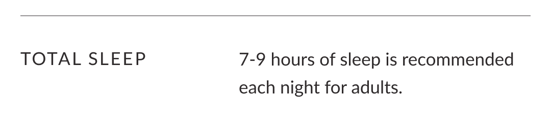 Total Sleep - 7-9 hours of sleep is recommended each night for adults.