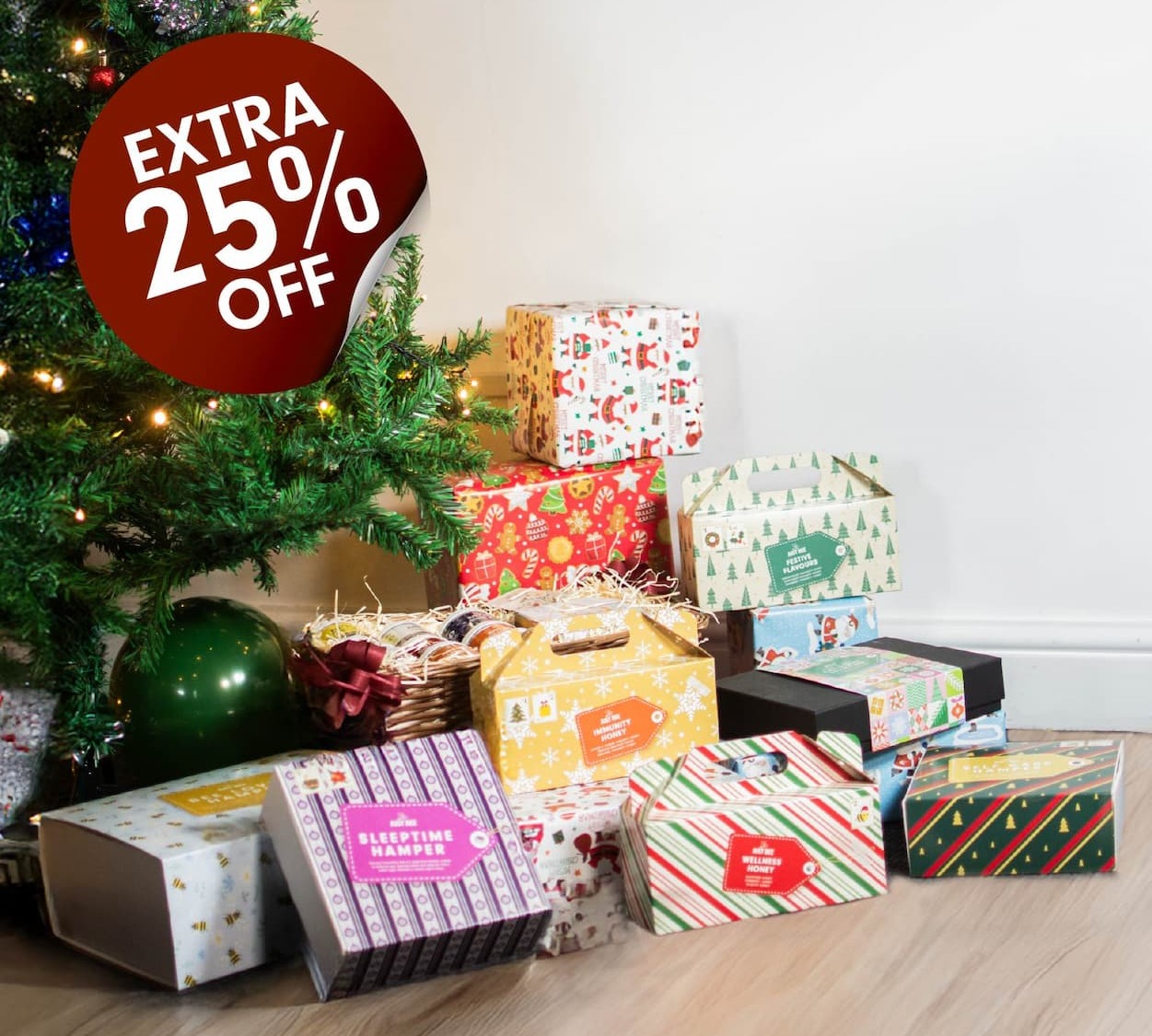 Graphics highlighting offer, 25% off xmas hampers
