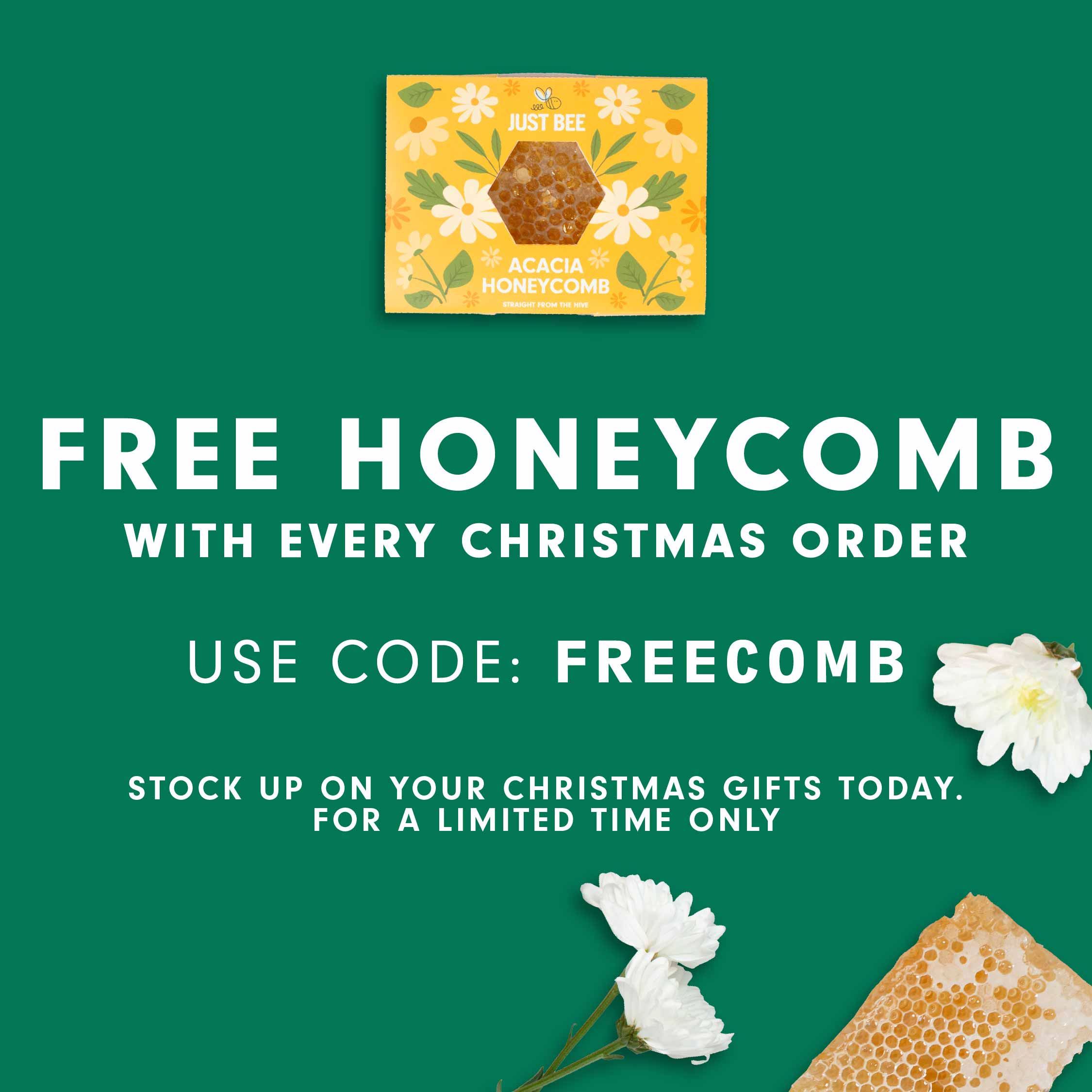 Graphics highlighting offer, free honeycomb with every christmas order